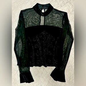 Vintage mesh/ crushed velvet/ black beaded top